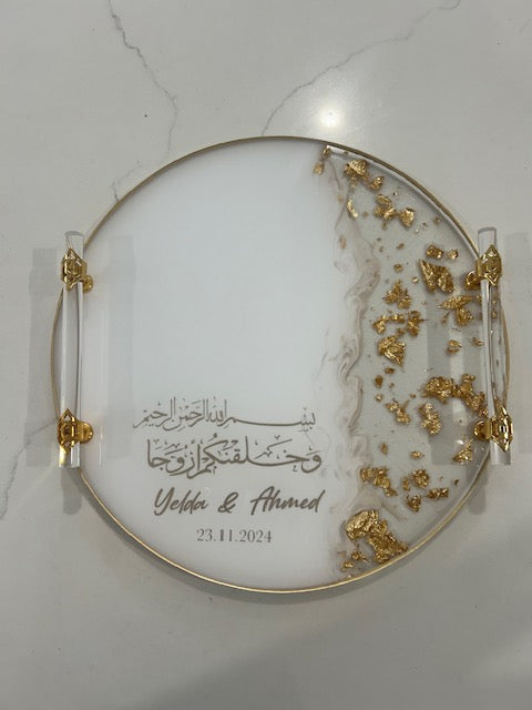 white and gold round engagement tray