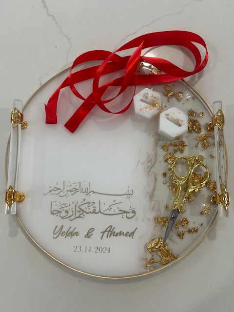 white and gold round engagement tray