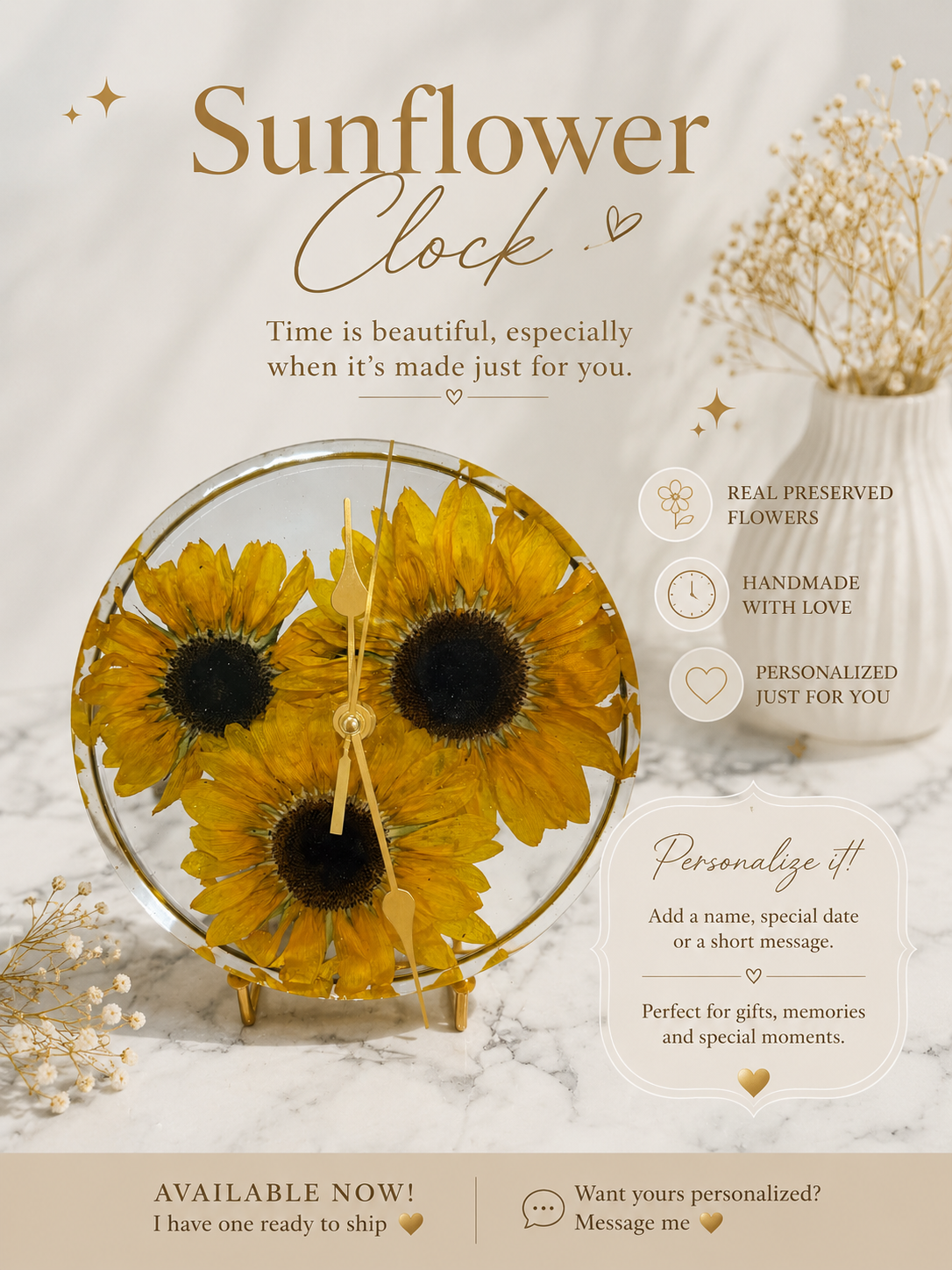 Real Sunflower Resin Clock
