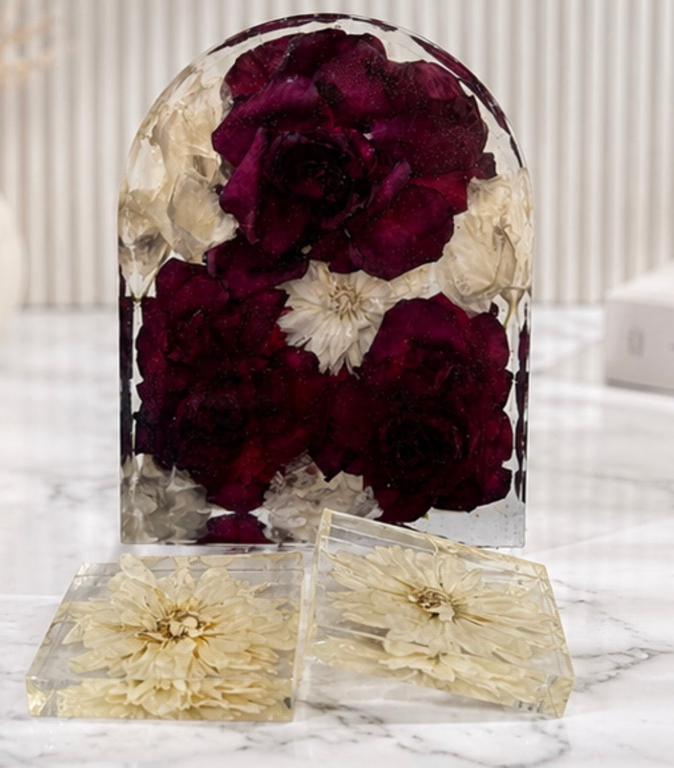 Custom Wedding Flower Resin Arch with Matching Coasters