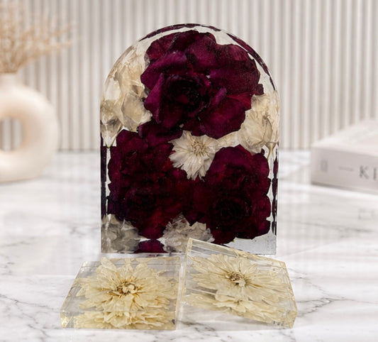 Custom Wedding Flower Resin Arch with Matching Coasters