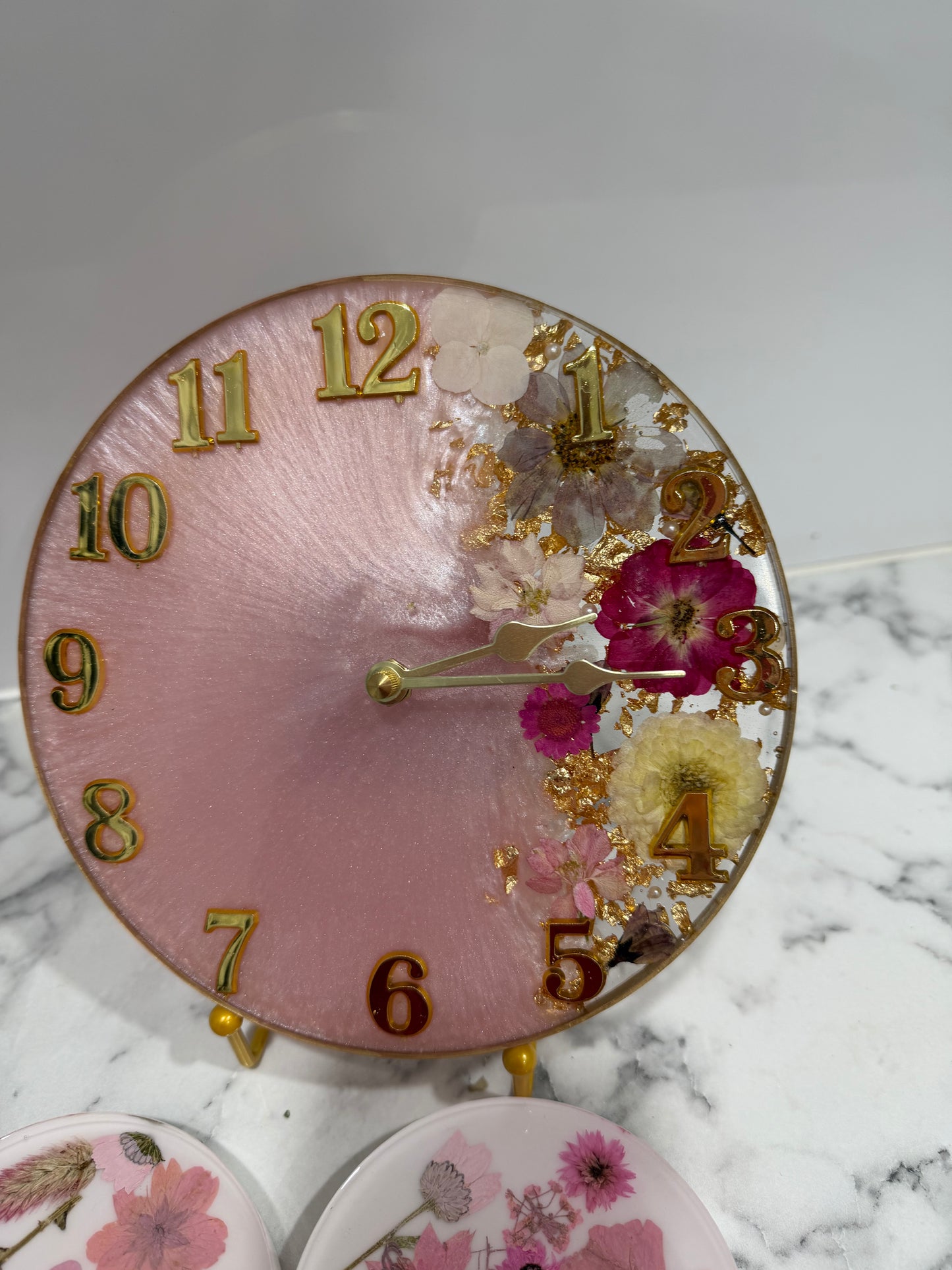 Pink Preserved Flower Resin Clock