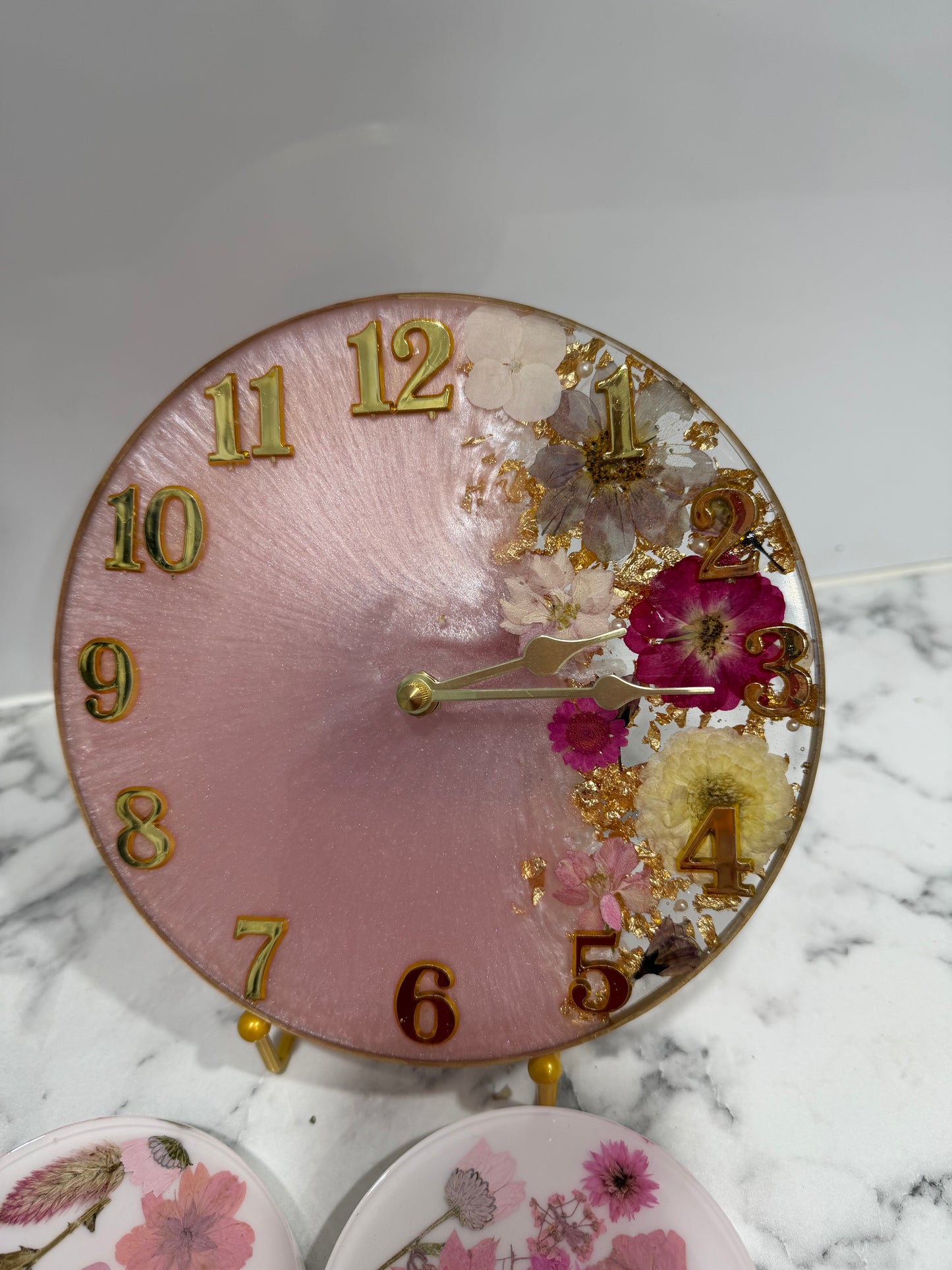 Pink Preserved Flower Resin Clock