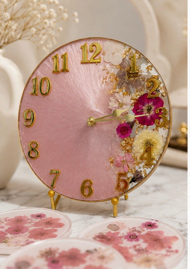 Pink Preserved Flower Resin Clock