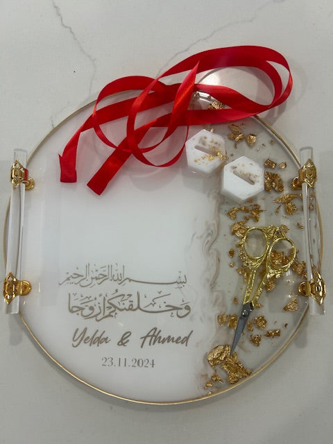 white and gold round engagement tray