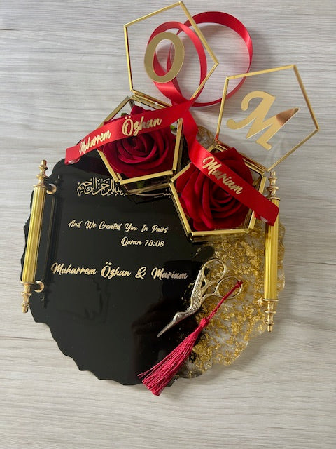 black and gold engagement tray